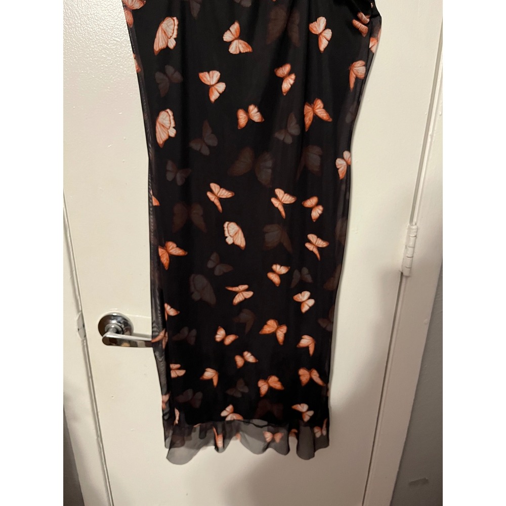 PrettyLittleThing Black Butterfly Mesh Midi Dress Ruffle Hem Size 14 Womens - Picture 2 of 10